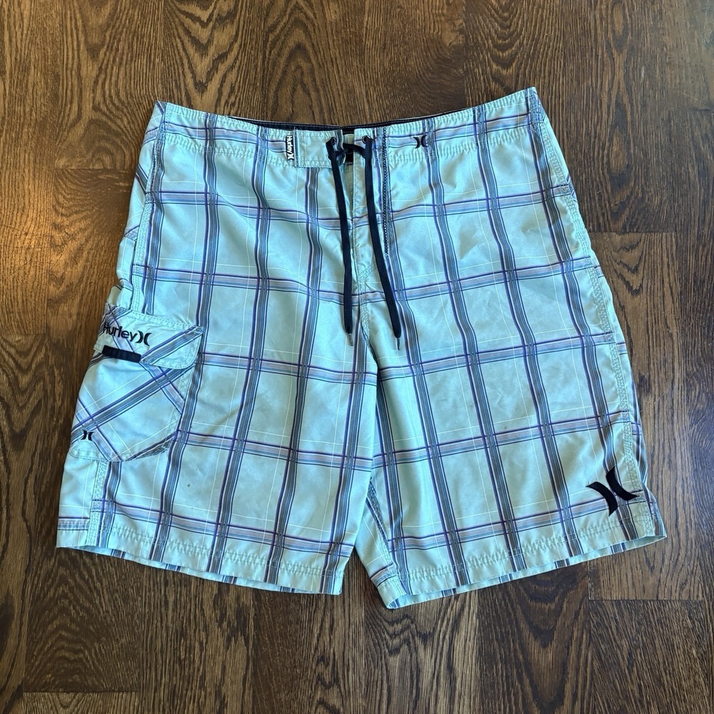 VTG 2000s Hurley Board Shorts Mens Plaid Swim Trunks Aqua Teal Cargo Surf Y2K 38